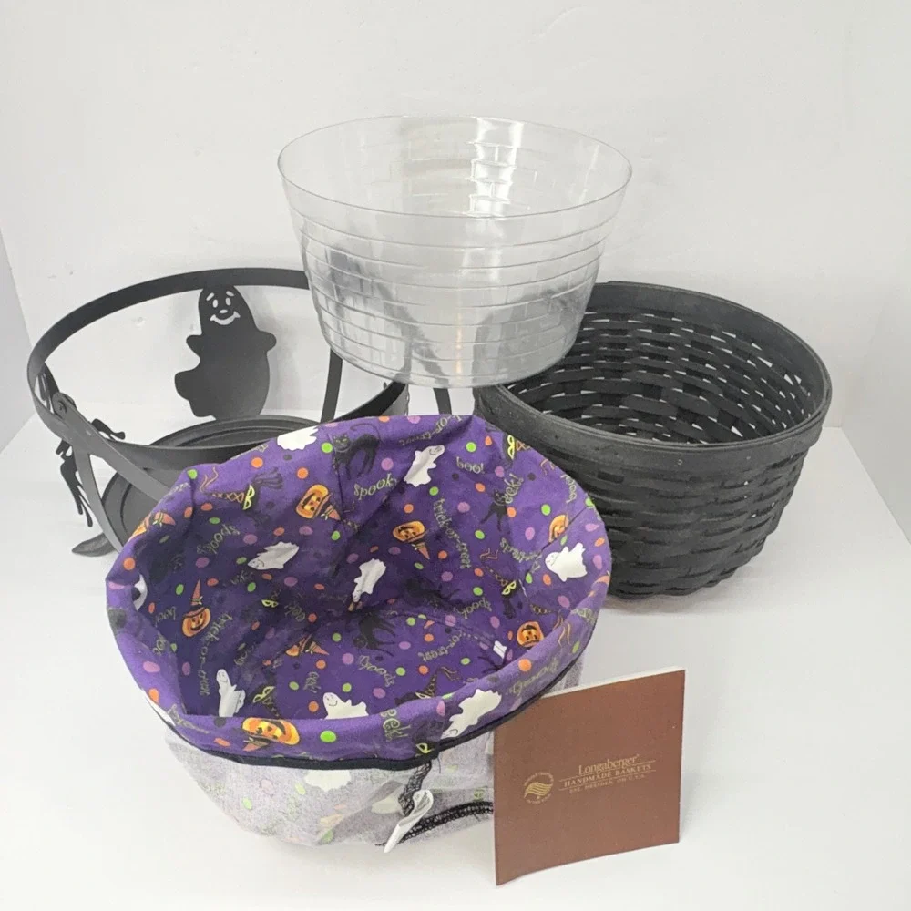 Longaberger Large Cauldron Basket Set Black Wrought Iron Holder Liner Protector